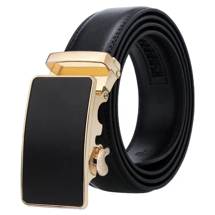 Men's Black Leather Belt with Gold Buckle
