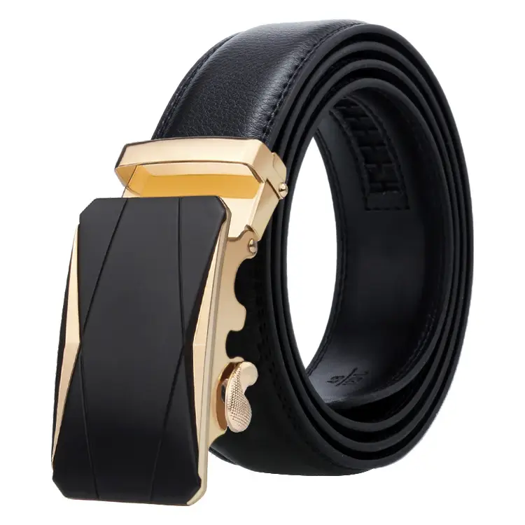 Men's Black Leather Belt with Gold Buckle
