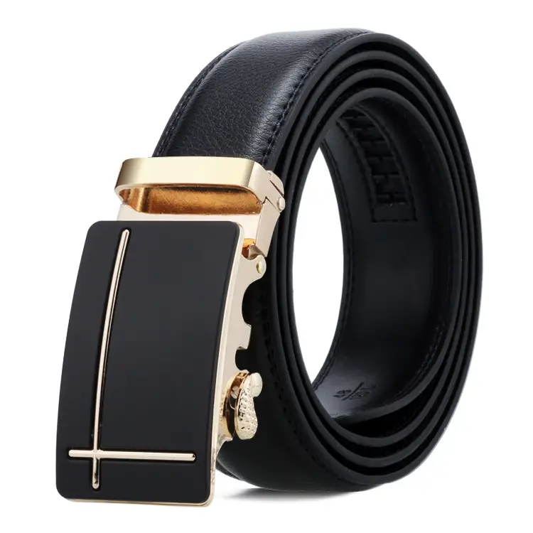 Men's Black Leather Belt with Gold Buckle