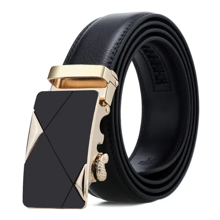 Men's Black Leather Belt with Gold Buckle