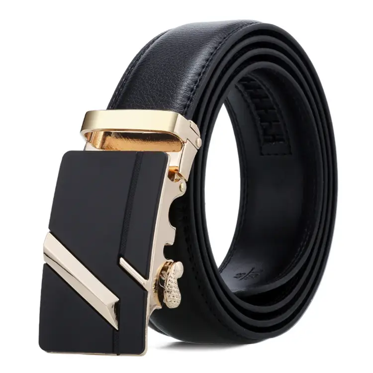 Men's Black Leather Belt with Gold Buckle