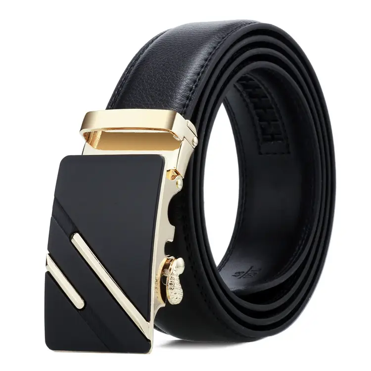 Men's Black Leather Belt with Gold Buckle