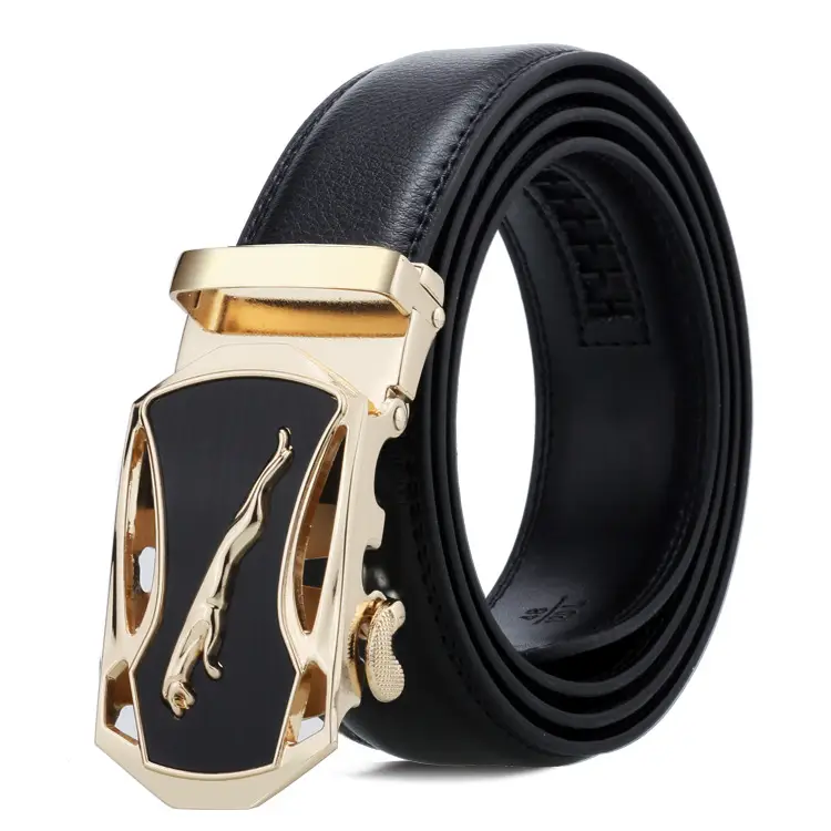 Men's Black Leather Belt with Gold Buckle