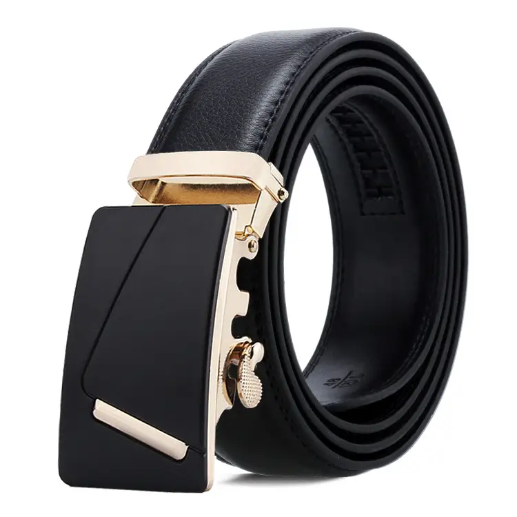 Men's Black Leather Belt with Gold Buckle