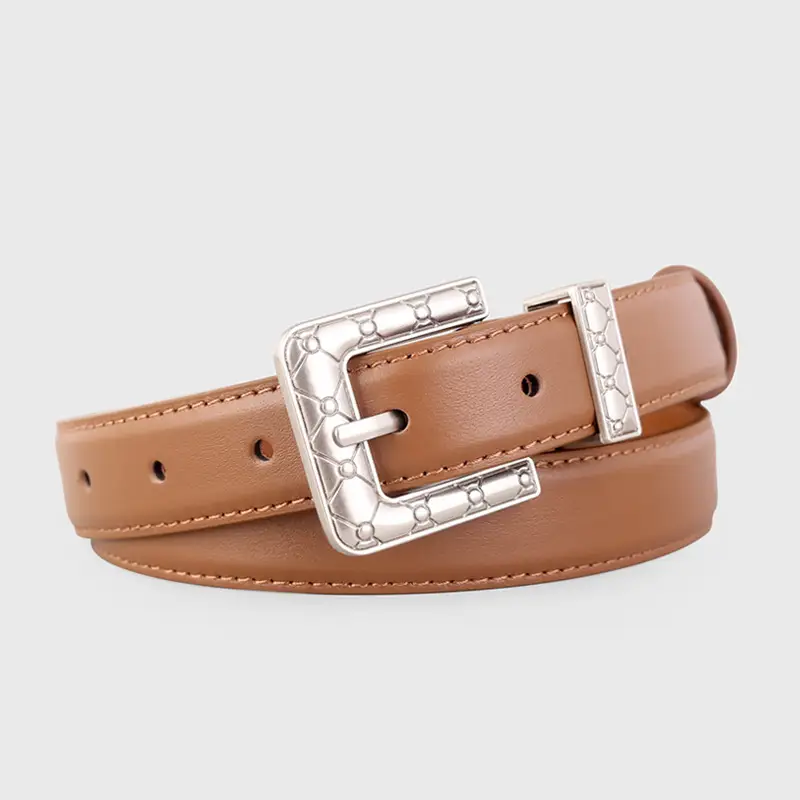 Brown Leather Belt with Silver Buckle for Women - Image 2