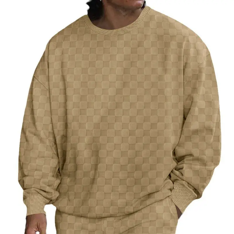 Men's Heavy Jacquard Checkerboard T-Shirt Tan Round Neck - Image 6