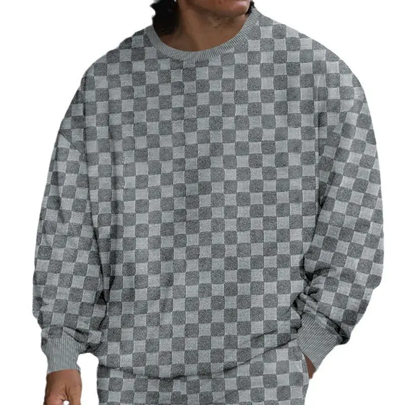 Men's Heavy Jacquard Checkerboard T-Shirt Tan Round Neck - Image 7