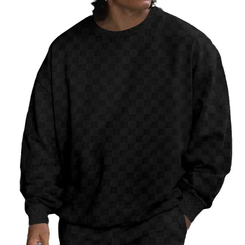 Men's Heavy Jacquard Checkerboard T-Shirt Tan Round Neck - Image 9