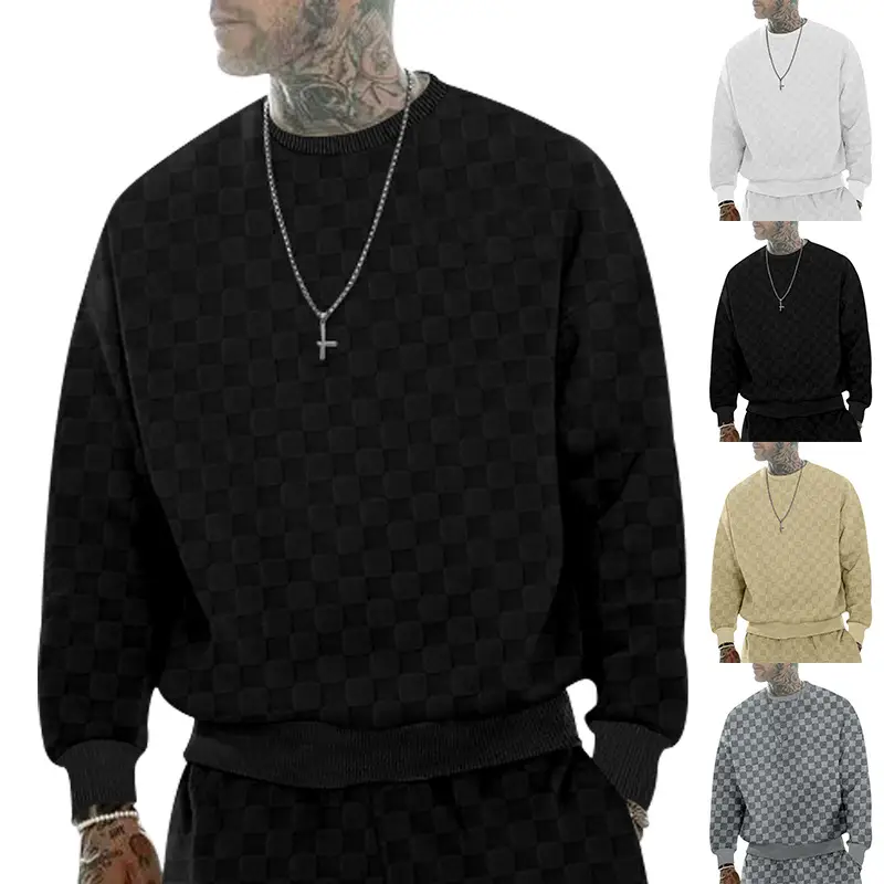 Men's Heavy Jacquard Checkerboard T-Shirt Tan Round Neck — feature 10