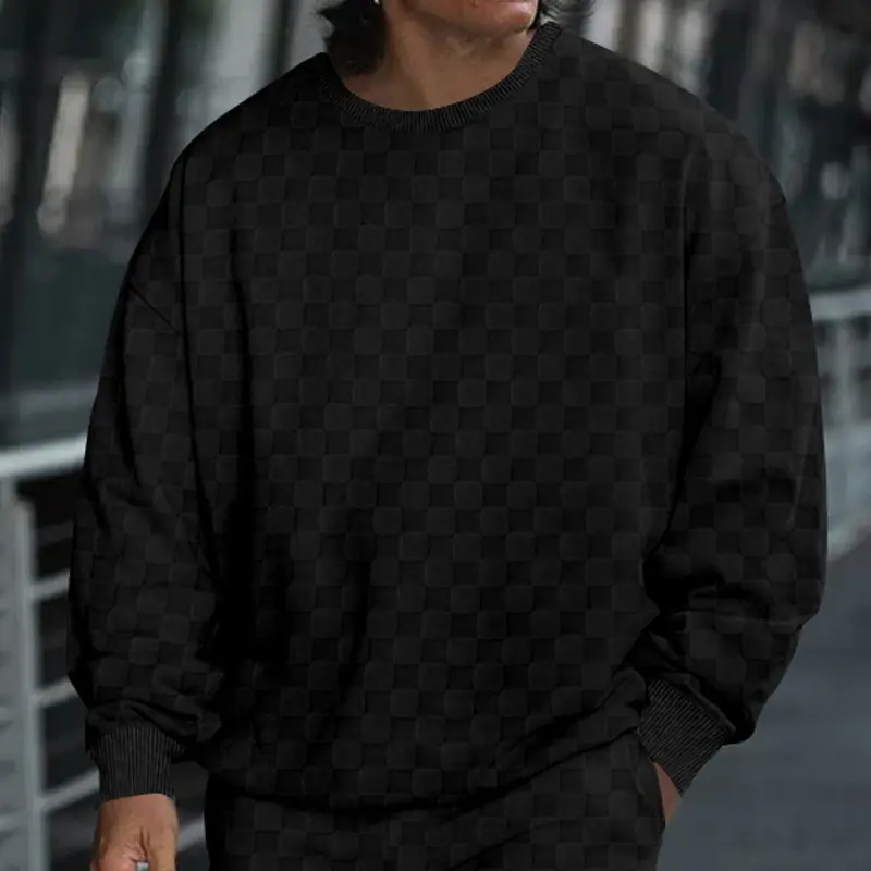 Men's Heavy Jacquard Checkerboard T-Shirt Tan Round Neck — feature 13