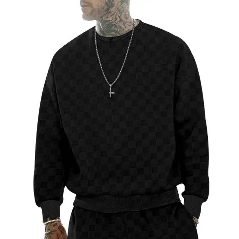 Men's Heavy Jacquard Checkerboard T-Shirt Tan Round Neck — feature 14