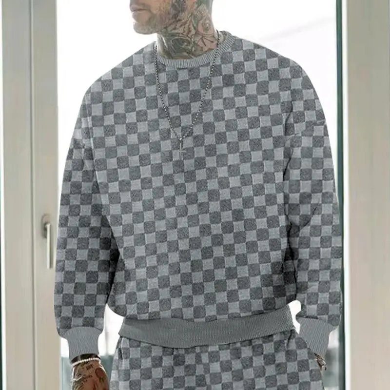 Men's Heavy Jacquard Checkerboard T-Shirt Tan Round Neck — feature 19