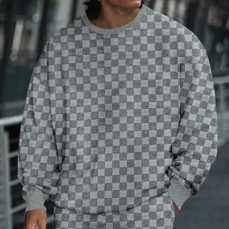 Men's Heavy Jacquard Checkerboard T-Shirt Tan Round Neck — feature 20
