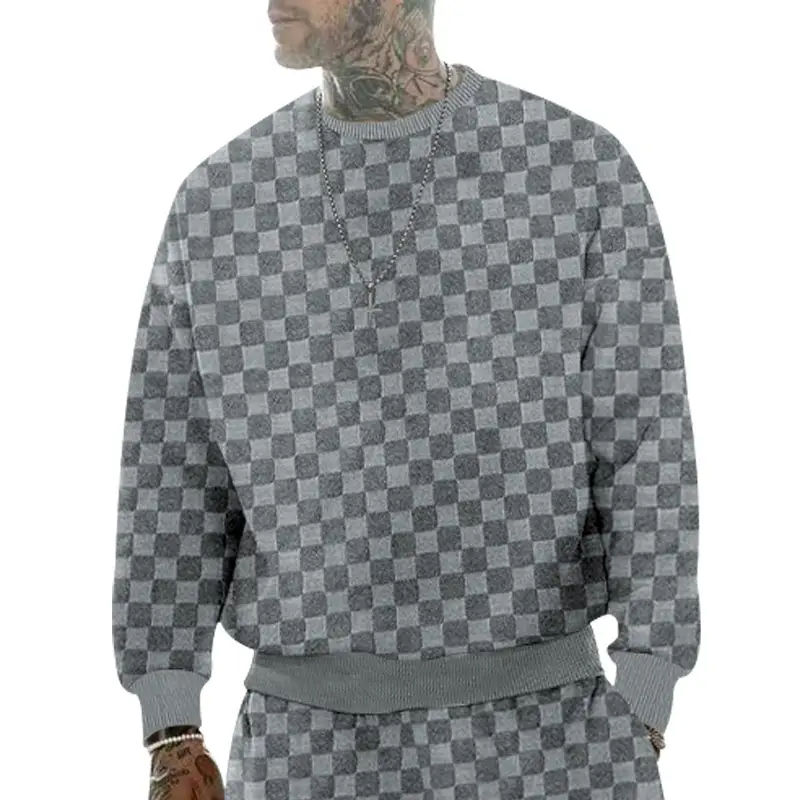 Men's Heavy Jacquard Checkerboard T-Shirt Tan Round Neck — feature 21