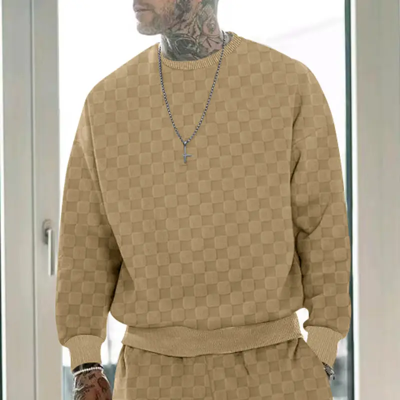 Men's Heavy Jacquard Checkerboard T-Shirt Tan Round Neck — feature 34