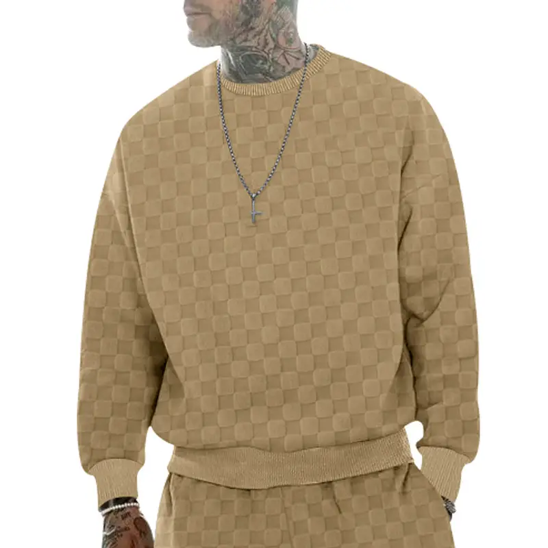 Men's Heavy Jacquard Checkerboard T-Shirt Tan Round Neck — feature 35