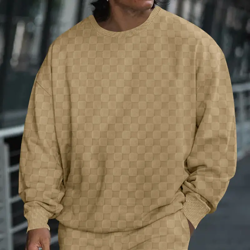 Men's Heavy Jacquard Checkerboard T-Shirt Tan Round Neck — feature 36