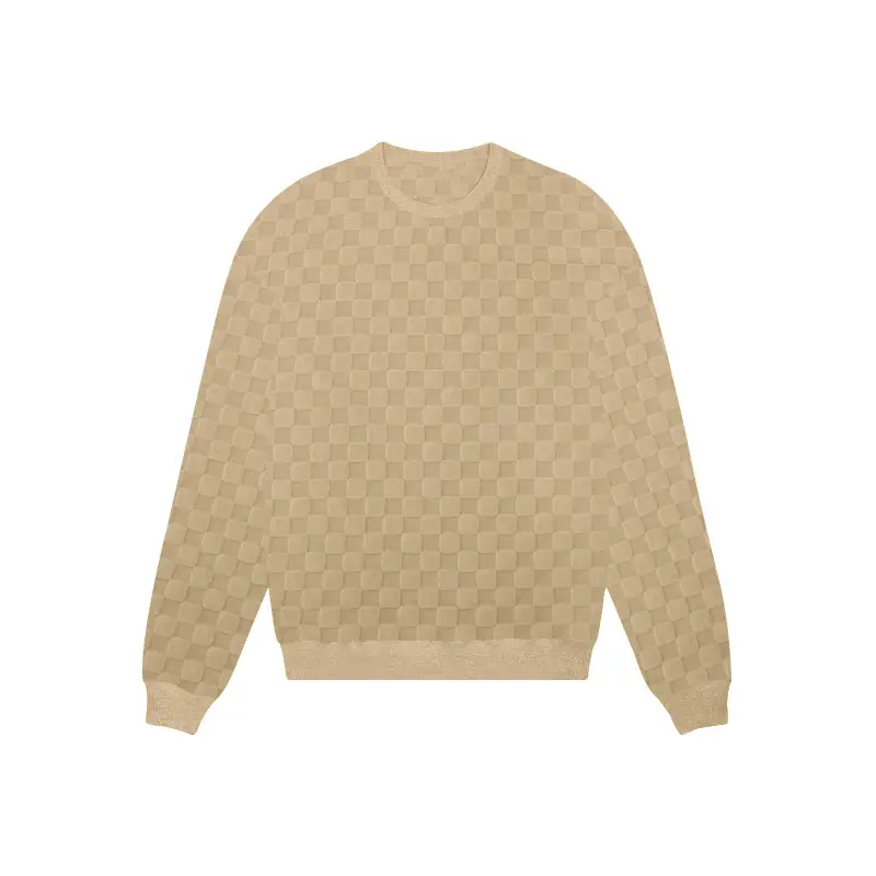 Men's Heavy Jacquard Checkerboard T-Shirt Tan Round Neck — feature 37