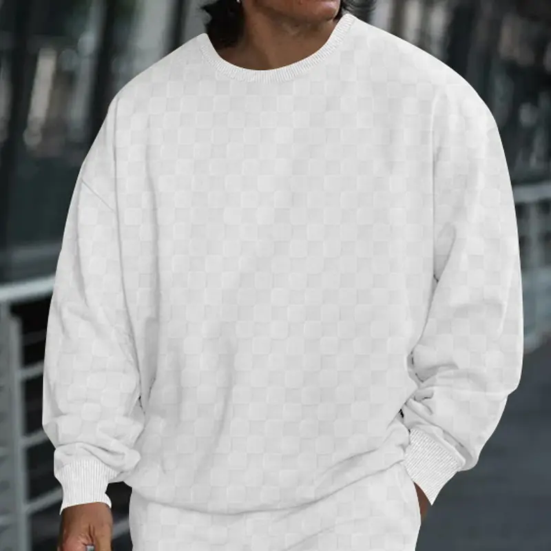 Men's Heavy Jacquard Checkerboard T-Shirt Tan Round Neck — feature 5