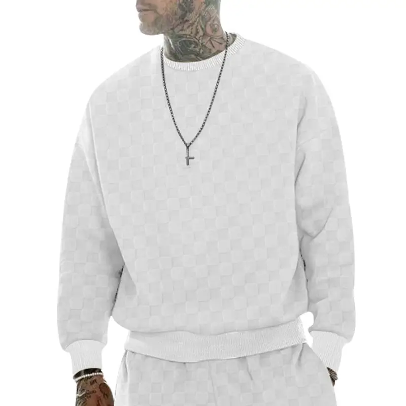 Men's Heavy Jacquard Checkerboard T-Shirt Tan Round Neck — feature 6