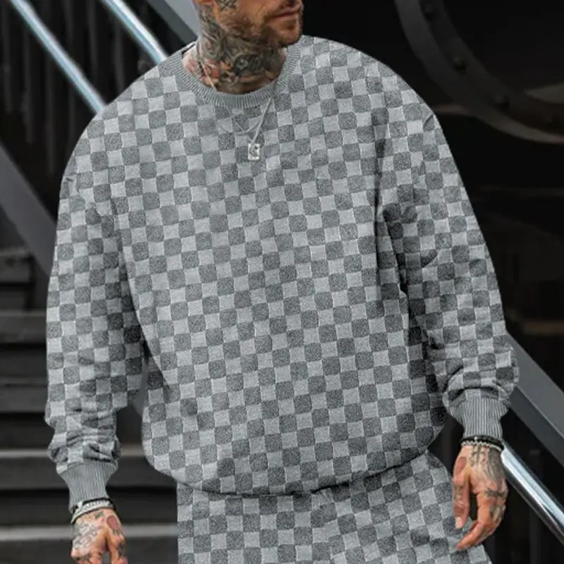 Men's Heavy Jacquard Checkerboard T-Shirt Tan Round Neck - Image 2