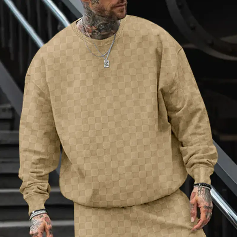 Men's Heavy Jacquard Checkerboard T-Shirt Tan Round Neck - Image 4