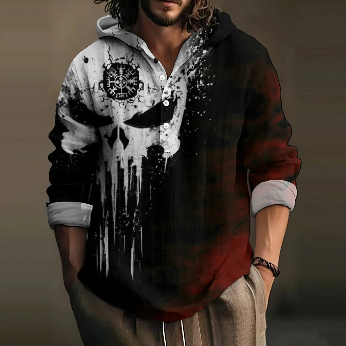 Men's Black 3D Digital Printed Hoodie Long Sleeve