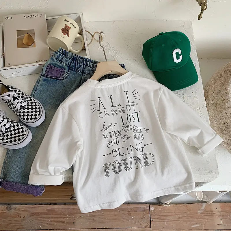 Muye Autum Kids T-Shirt White Long Sleeve Korean Style - Image 3