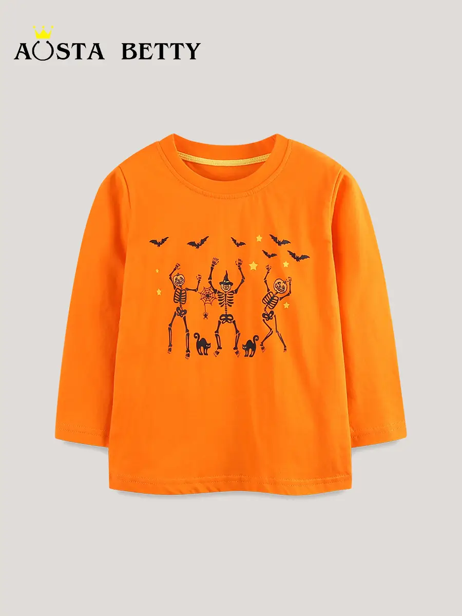 Aosta Betty Orange Long Sleeve T-Shirt with Halloween Deer Print - Image 2