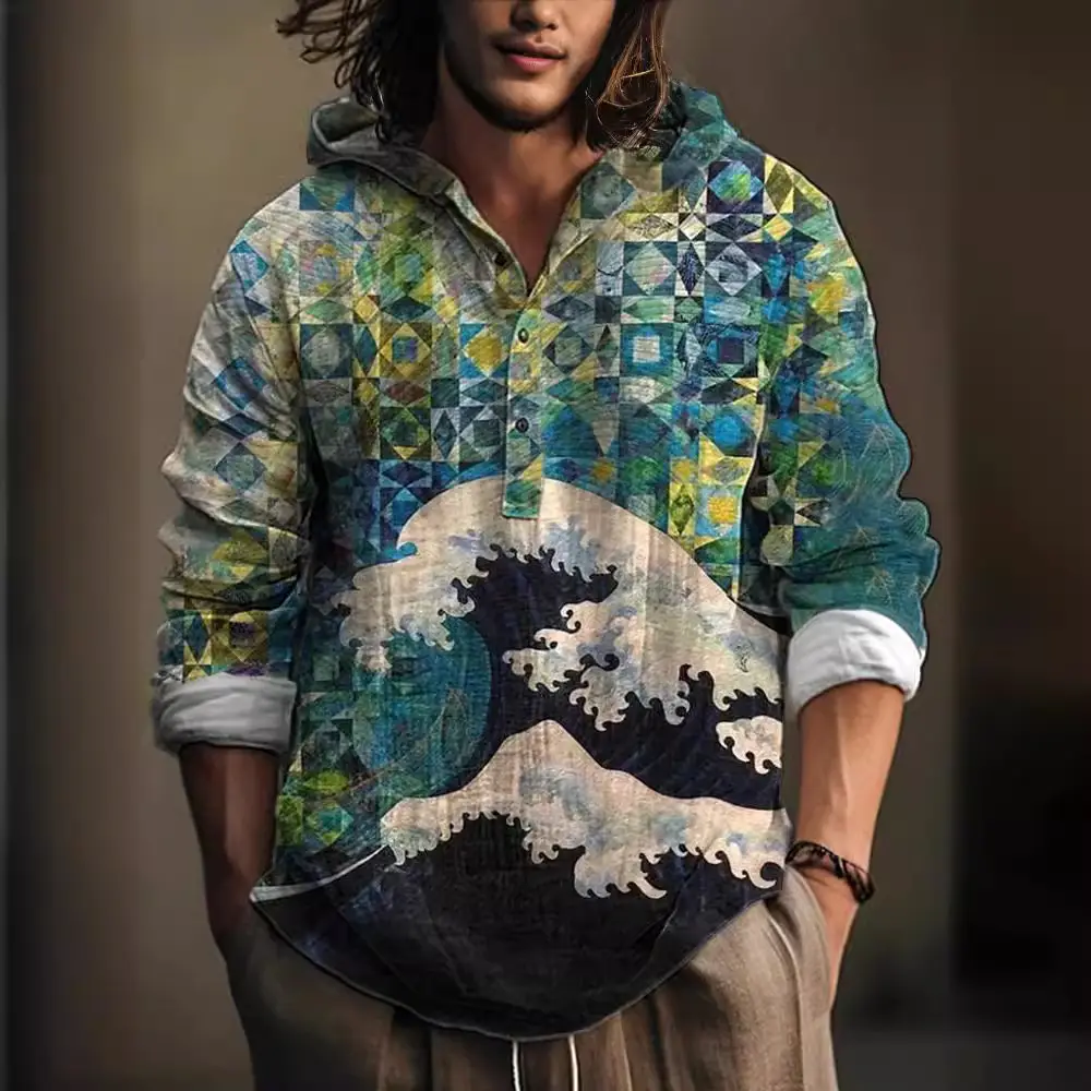 Men Blue Green Digital Printed Hoodie 3 Button Long Sleeve - Image 18