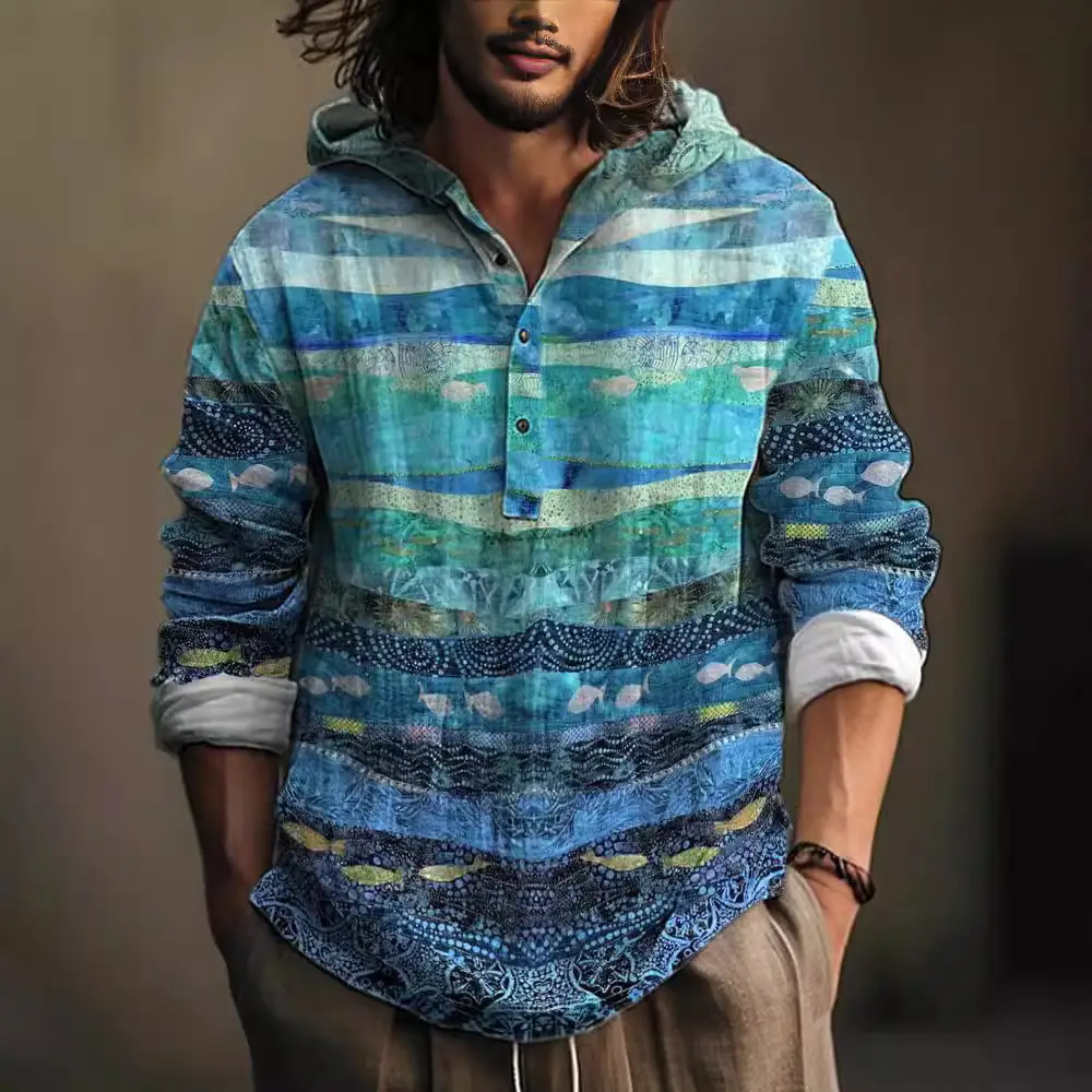 Men Blue Green Digital Printed Hoodie 3 Button Long Sleeve - Image 19