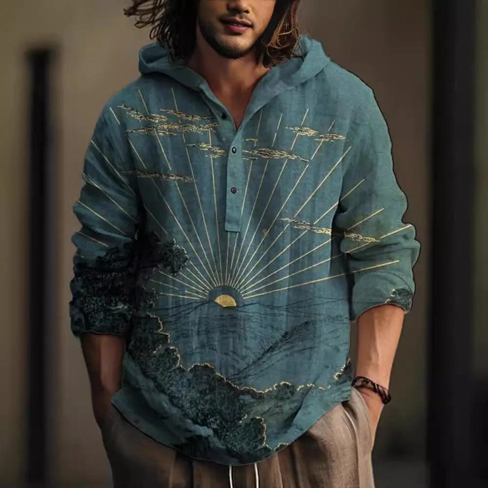 Men Blue Green Digital Printed Hoodie 3 Button Long Sleeve - Image 20