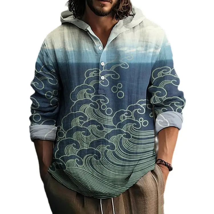 Men Blue Green Digital Printed Hoodie 3 Button Long Sleeve - Image 21