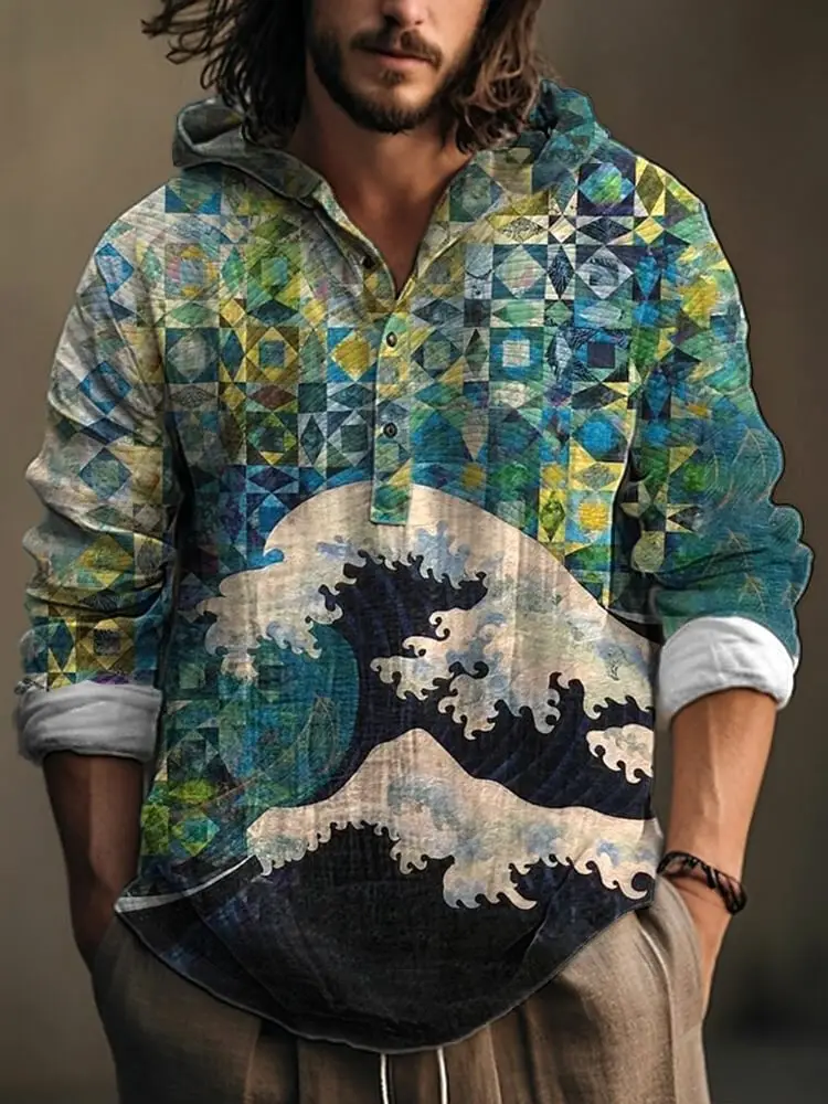 Men Blue Green Digital Printed Hoodie 3 Button Long Sleeve — feature 2