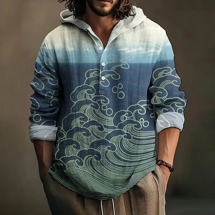 Men Blue Green Digital Printed Hoodie 3 Button Long Sleeve — feature 4