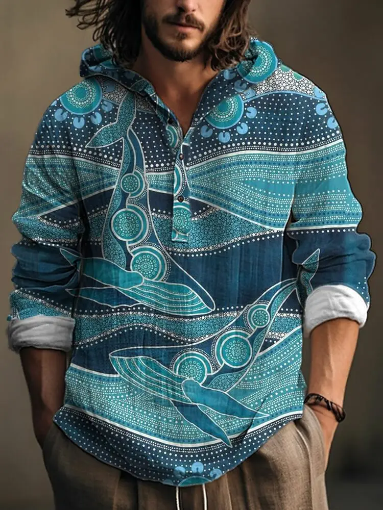 Men Blue Green Digital Printed Hoodie 3 Button Long Sleeve — feature 5