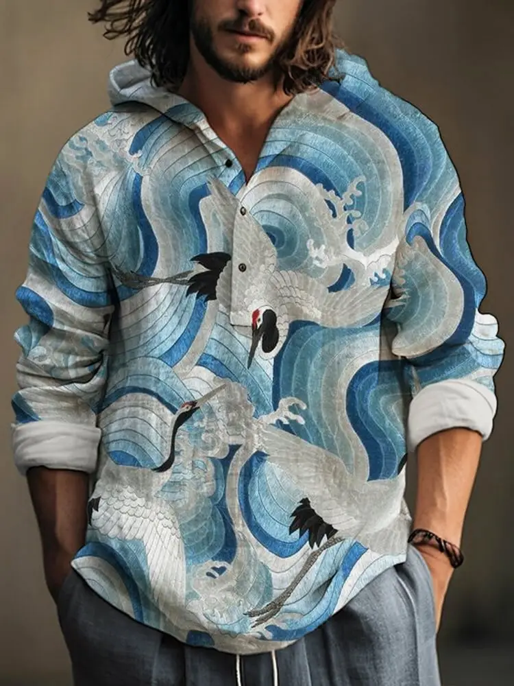 Men Blue Green Digital Printed Hoodie 3 Button Long Sleeve - Image 10