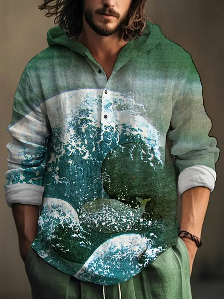 Men Blue Green Digital Printed Hoodie 3 Button Long Sleeve - Image 11