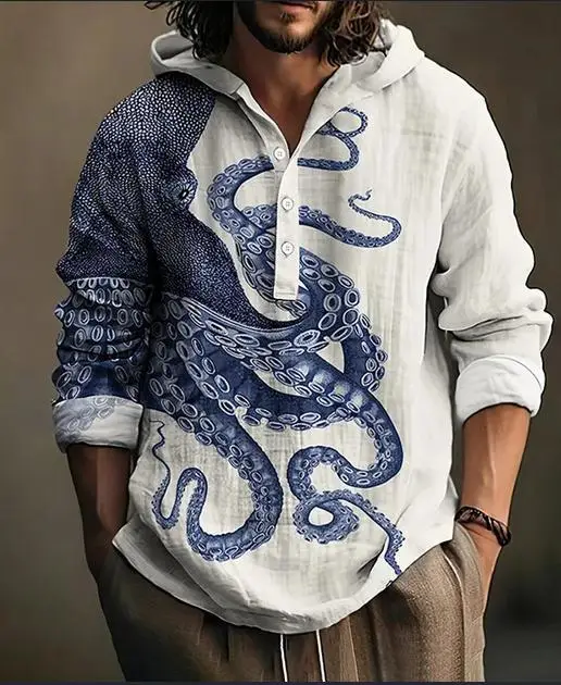 Men Blue Green Digital Printed Hoodie 3 Button Long Sleeve - Image 14