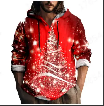 Men Blue Green Digital Printed Hoodie 3 Button Long Sleeve - Image 15