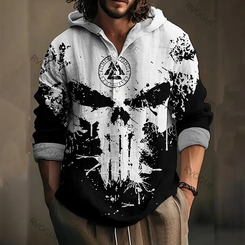 Men Blue Green Digital Printed Hoodie 3 Button Long Sleeve - Image 16