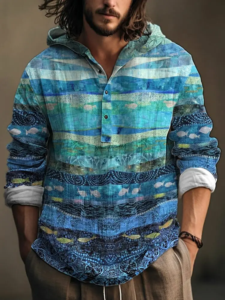 Men Blue Green Digital Printed Hoodie 3 Button Long Sleeve - Image 3