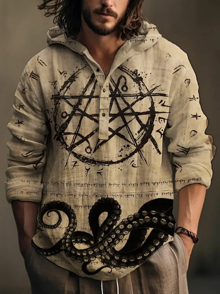 Men Blue Green Digital Printed Hoodie 3 Button Long Sleeve - Image 6