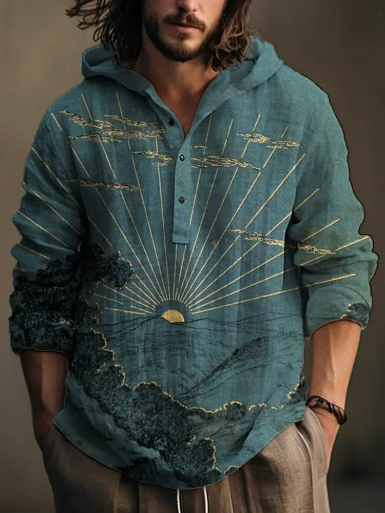 Men Blue Green Digital Printed Hoodie 3 Button Long Sleeve - Image 8
