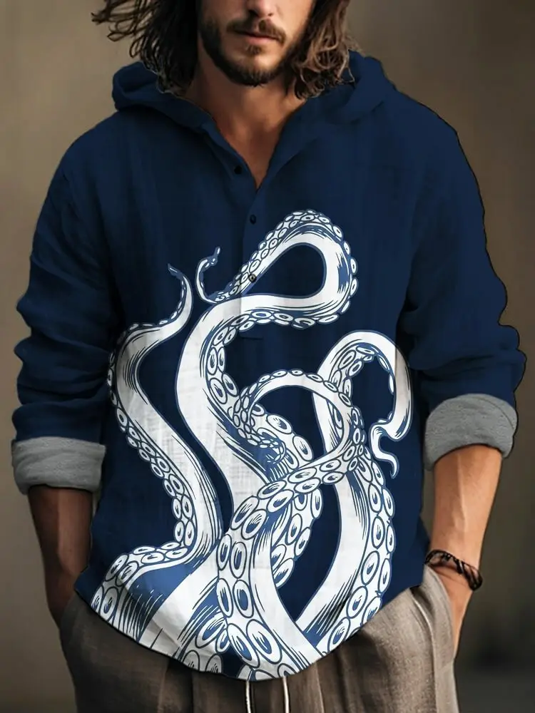 Men Blue Green Digital Printed Hoodie 3 Button Long Sleeve - Image 9