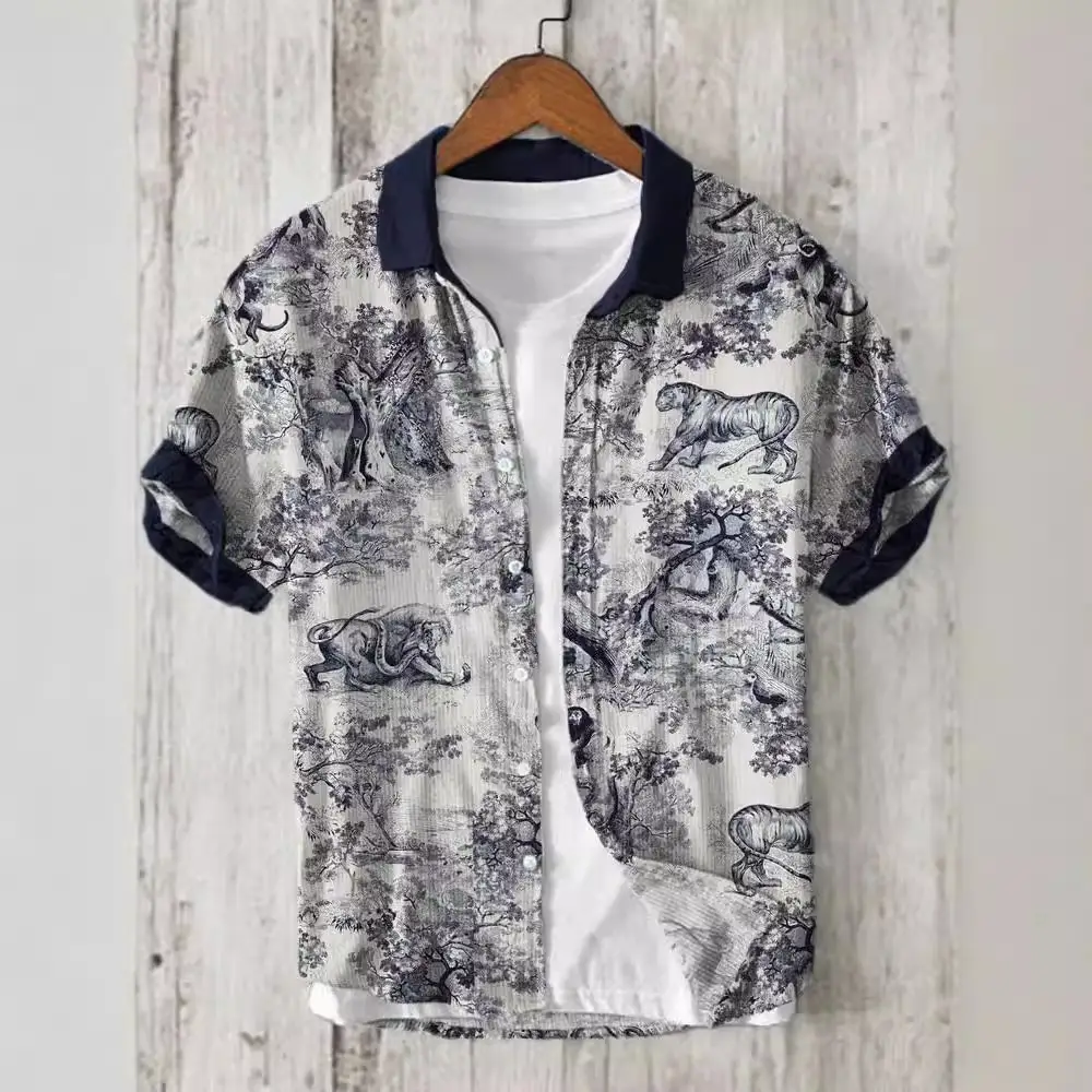 Men Blue Floral Short Sleeve Button Shirt White Pants - Image 22
