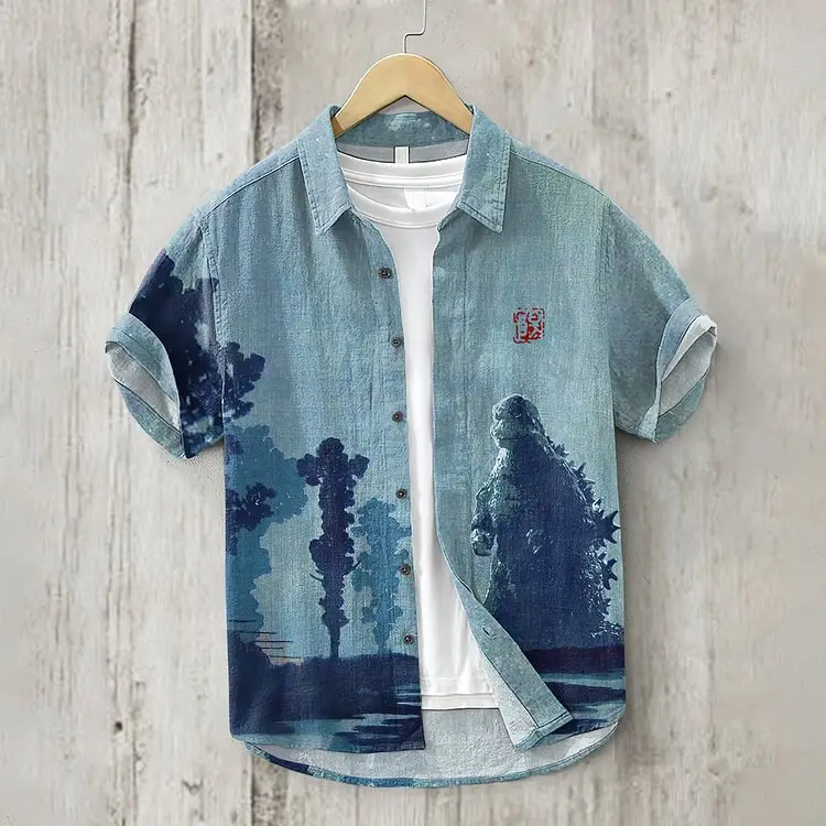 Men Blue Floral Short Sleeve Button Shirt White Pants - Image 23