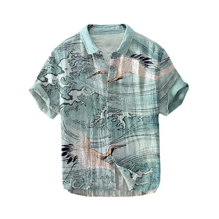 Men Blue Floral Short Sleeve Button Shirt White Pants - Image 25