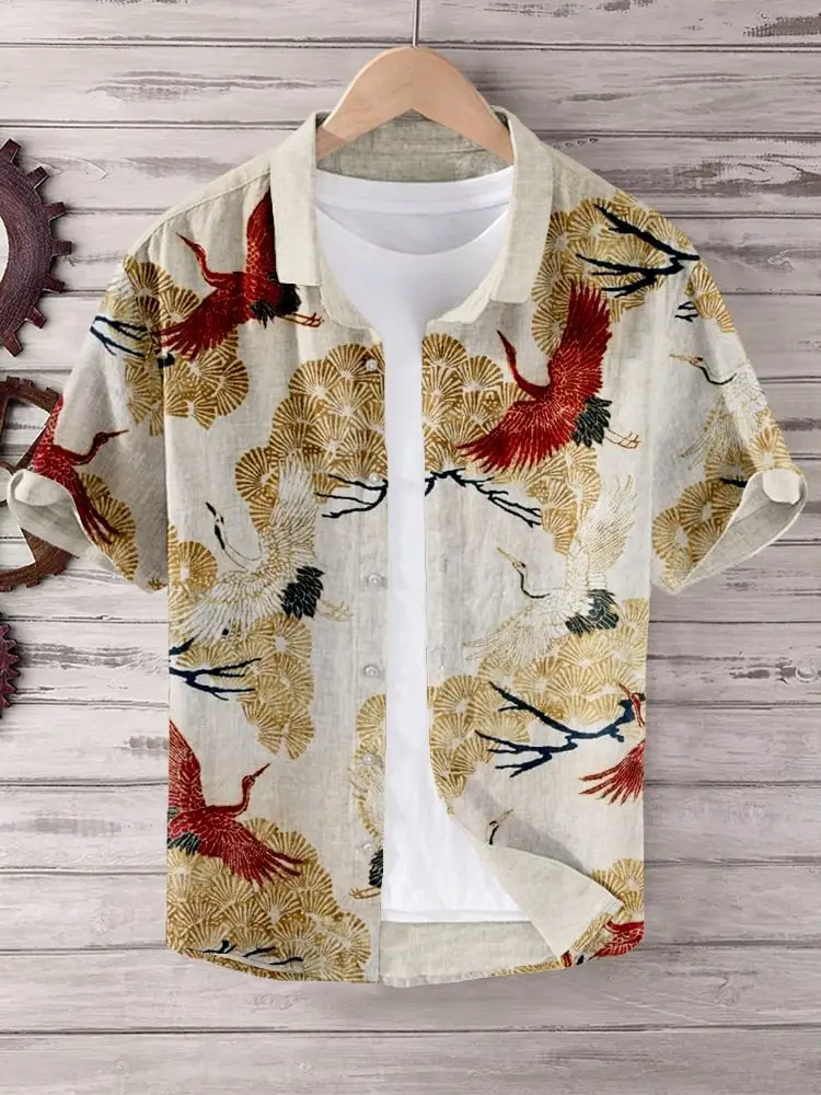 Men Blue Floral Short Sleeve Button Shirt White Pants — feature 2