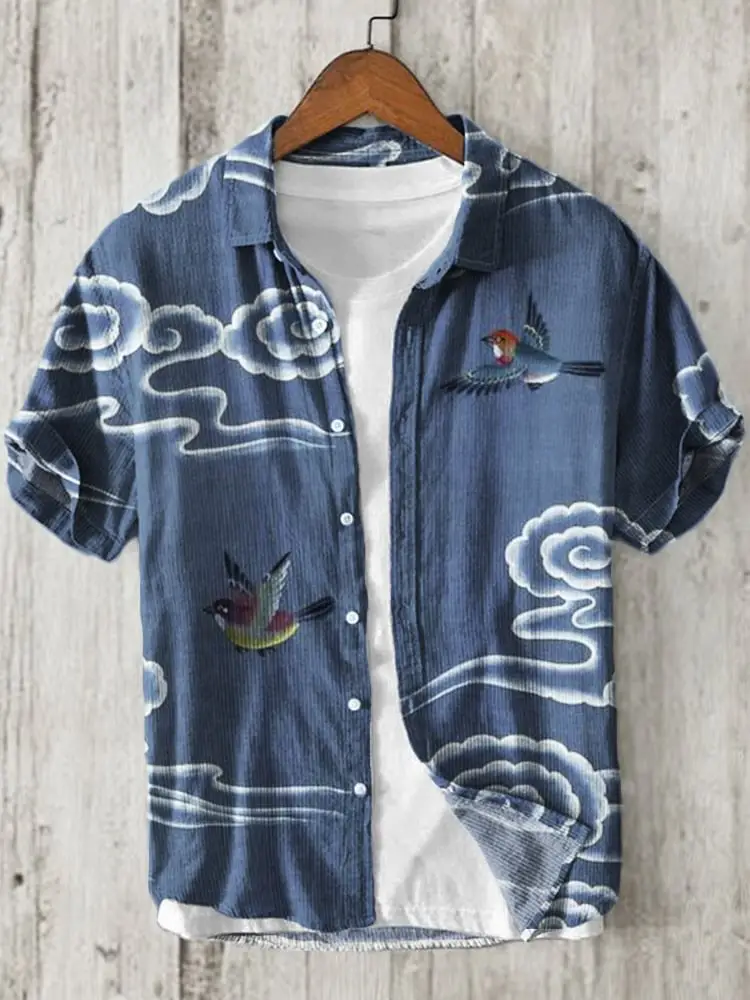 Men Blue Floral Short Sleeve Button Shirt White Pants — feature 4